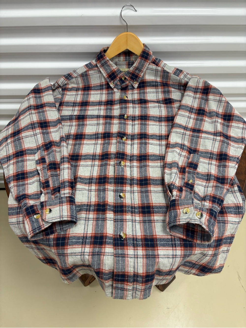 Men's Cream Plaid Button-Down Shirt with Navy & Orange Accents